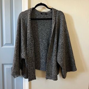 Gray oversized cropped cardigan sweater with belt